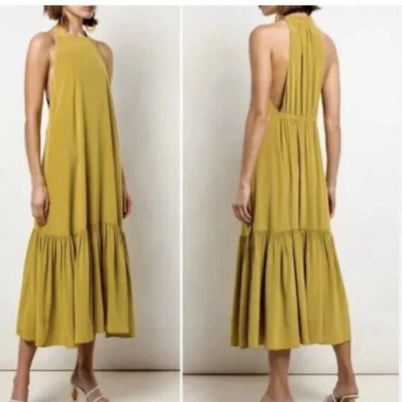 Tibi 100% Silk Eco Halter Drop Waist Ruched Midi Dress Tan Ochre Green size 4 - Picture 1 of 10